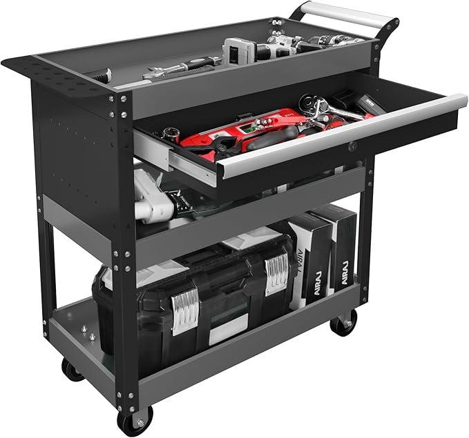 AIRAJ Chariot à roulettes à trois étages | Atelier avec tiroirs | Chariot multifonction pour ateliers, ateliers de réparation et entrepôts | Chariot d'atelier | Noir