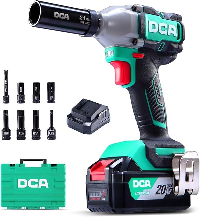 DCA Clé à chocs sans balais 20V avec batterie 4,0Ah, bague de retenue 1/2 pouce, clé à chocs sans fil, couple élevé de 235 ft-lbs, 4 modes pour l’automobile et le bricolage, ADPB320