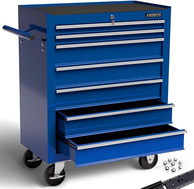 AREBOS Servantes d'atelier 7 Compartiments | Fermeture centralisée | Tapis antidérapants Inclus | tiroirs sur roulements à Billes | 2 Roues avec Frein (Bleu)