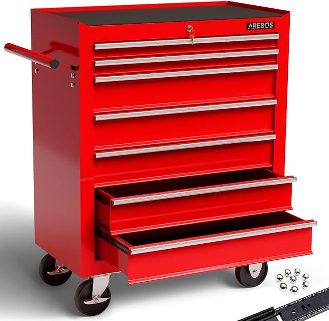 AREBOS Servantes d'atelier 7 Compartiments | Fermeture centralisée | Tapis antidérapants Inclus | tiroirs sur roulements à Billes | 2 Roues avec Frein (Rouge)