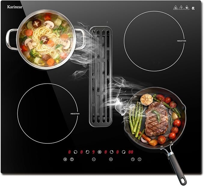 Karinear Plaque à induction avec hotte aspirante, plaque de cuisson indépendante, champ à induction 7200W avec aspiration 145W, Booster, Minuterie, Pause, Commande tactile, 220-240V, Sans prise