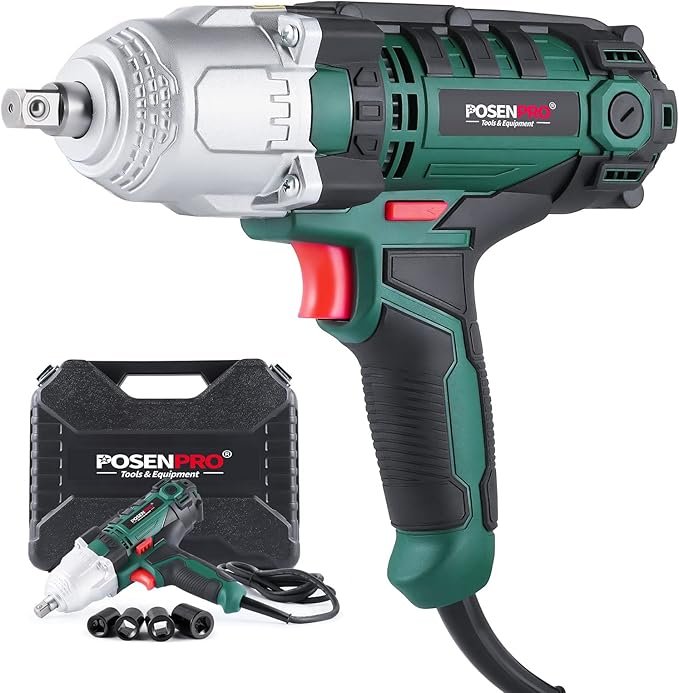 POSENPRO Clé à chocs électrique, robuste 550 W filaire 500 N.m Max Torque Clé à percussion, 12,7mm (½) avec enclume de goupille de détente, 4 douilles à choc et étui de transport