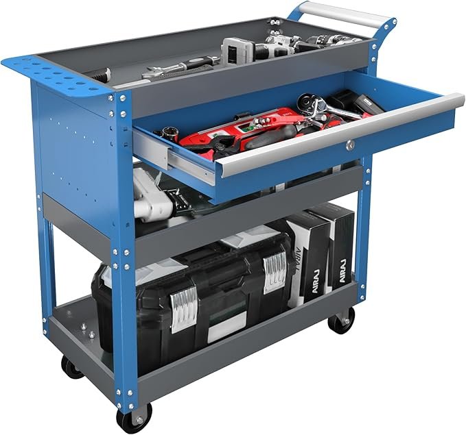Chariot d'atelier à Trois Niveaux AIRAJ,Chariot à roulettes avec Tiroirs,Chariot Atelier Multifonctionnel Adapté aux Garages, Ateliers de Réparation, Entrepôts et Ateliers,Servante d'atelier,Bleu