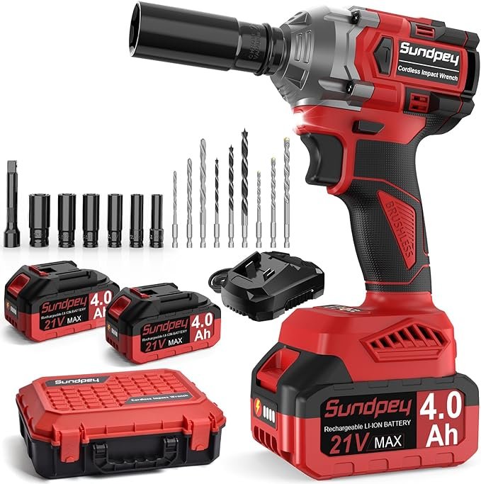 Sundpey Cle a Choc Sans Fil Brushless 650Nm, 21V Cle a Choc avec 2 * 4.0Ah Batteries pour la Voiture et la Maison, Boulonneuse a Choc 2 en 1 avec 6 Douilles & 9 Forets & Chargeur