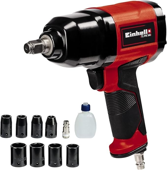 Einhell Boulonneuse pneumatique TC-PW 340 (couple max. 340 Nm, rotation gauche/droite, poignée en caoutchouc, avec 8 douilles, flacon d'huile (vide), raccord)