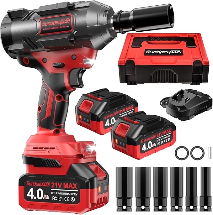 1500 N.m Clé à Chocs Sans Fil Brushless, 21V Clé à Chocs Électrique avec 2x4000 mAh Batteries & 6 Douilles & Chargeur, 2800 RPM Boulonneuse Électrique pour la Voiture et la Maison