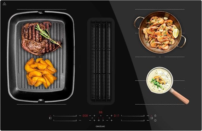 Cecotec Table à Induction2 Feux Bolero Squad IH 4800 TotalFlex80 | Avec Hotte Intégrée, Puissance 7400 W, 15 Niveaux, Fonction Booster, Zone TotalFlex, Aspiration 630 m³/h avec 3 Vitesses