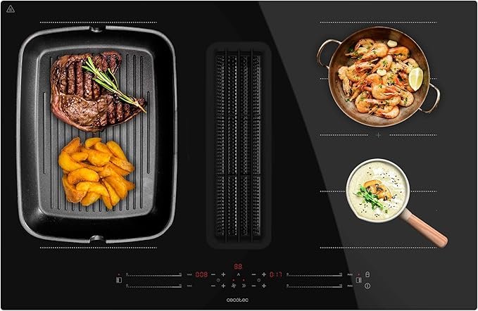 Cecotec Plaque Induction avec 2 Foyers et Hotte Aspirante Intégrée Bolero Squad IH 4800 TotalFlex80, Plaque de Cuisson Electrique, 7400W, 15 Niveaux, Aspiration 630 m³/h,Filtres à Odeurs,