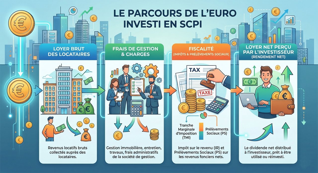 une infographie illustrant le parcours de l'euro investi (Loyer brut ➔ Frais de gestion ➔ Fiscalité ➔ Loyer net perçu par l'investisseur