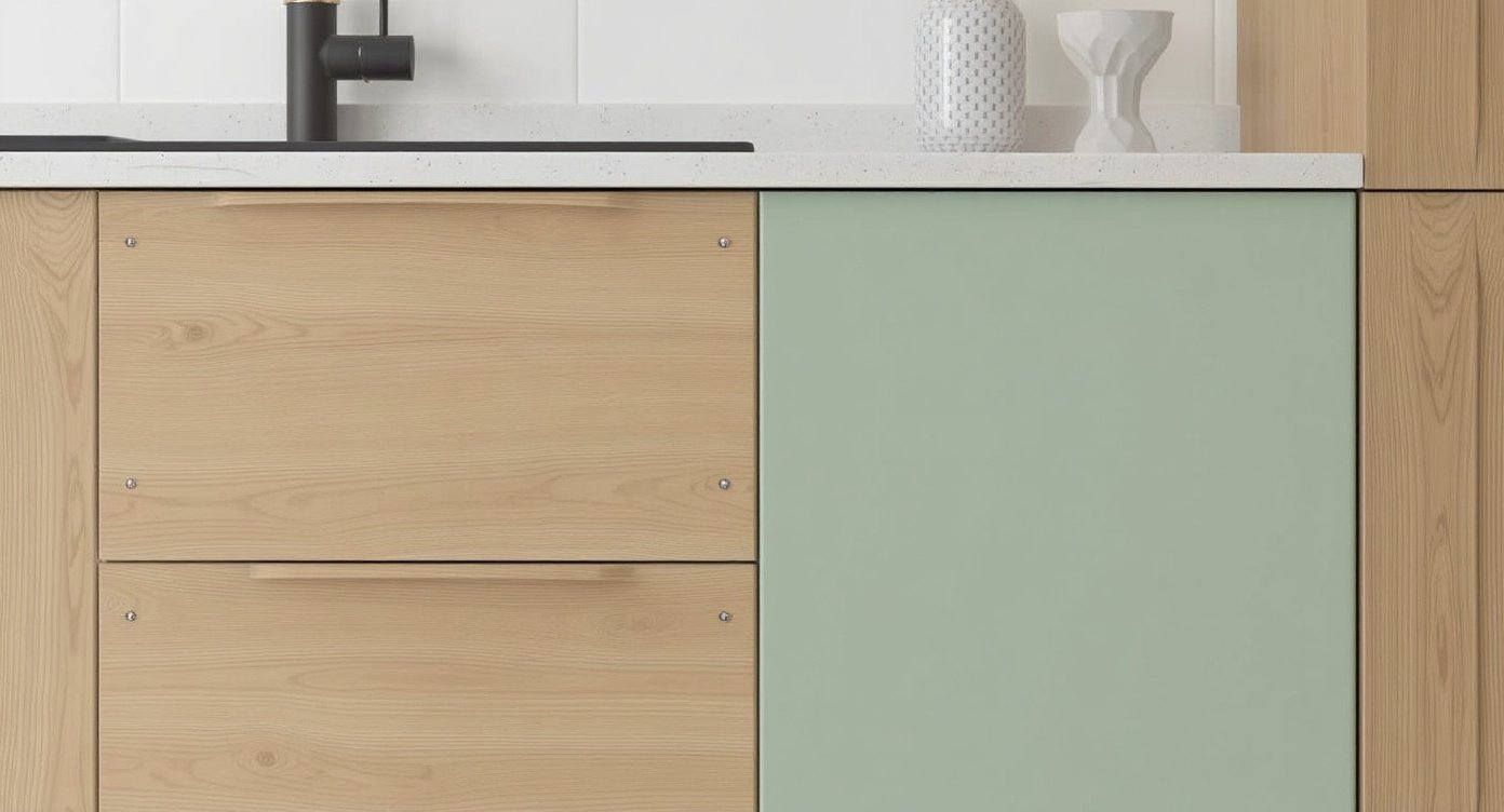 Plutôt que de jeter vos meubles de cuisine, utilisez l\'effet bois chêne clair sur les meubles bas, et peignez les meubles hauts en vert sauge. Vous obtiendrez une cuisine lumineuse, bi-colore et totalement dans l'air du temps.