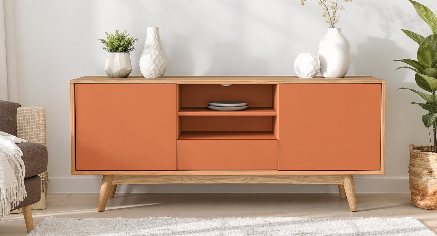 Un vieux meuble TV ou une console en mélaminé peut devenir la pièce maîtresse du salon. 