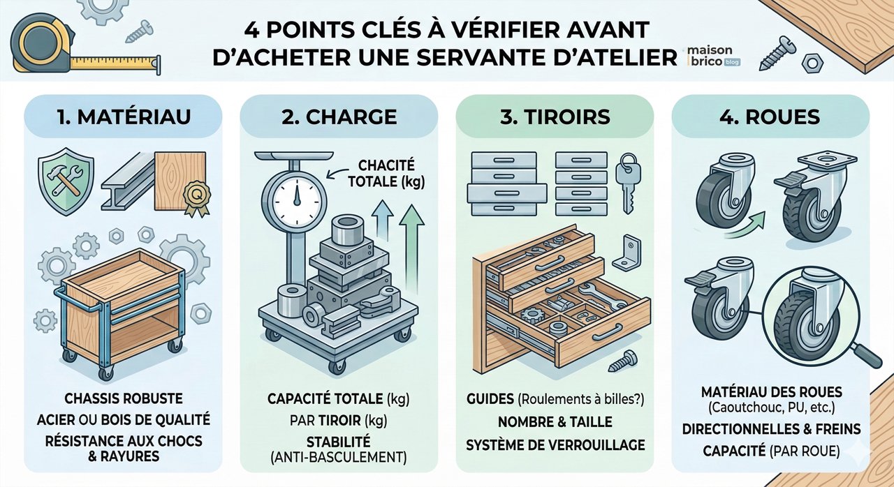 4 points clés à vérifier avant d'acheter une servante d’atelier : Matériau, Charge, Tiroirs, Roues